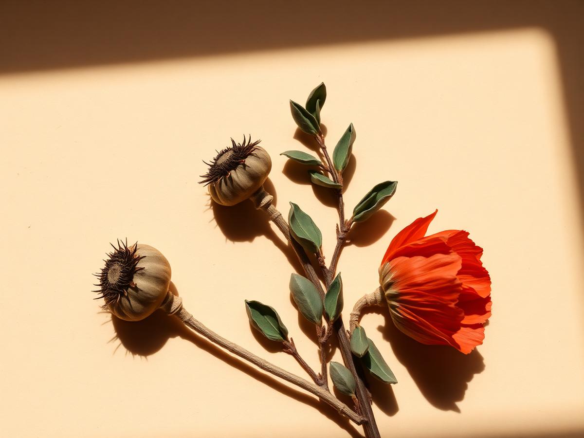 Coquelicot et graminées séchées, ombres douces