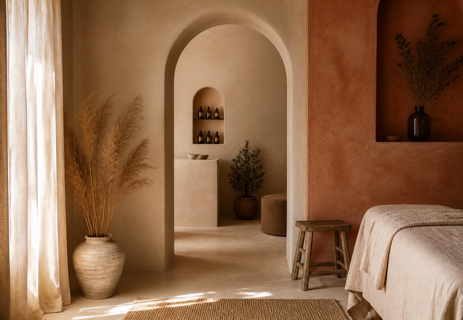 Intérieur chaleureux de la maison TES SŒURS, murs en enduit crème et terracotta