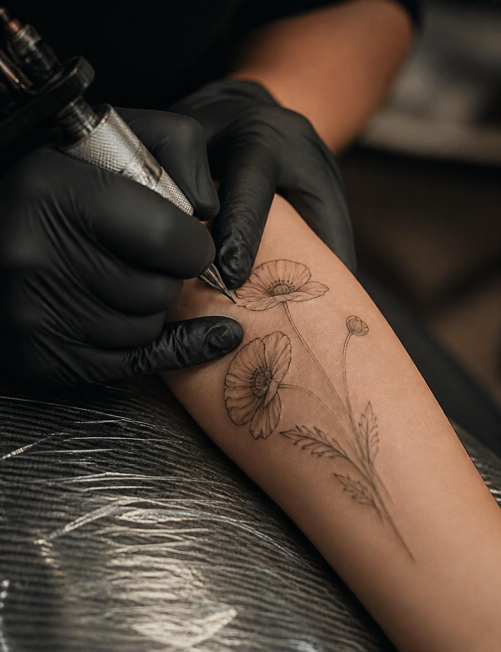 Tatouage fine line de coquelicots en cours de réalisation sur un avant-bras