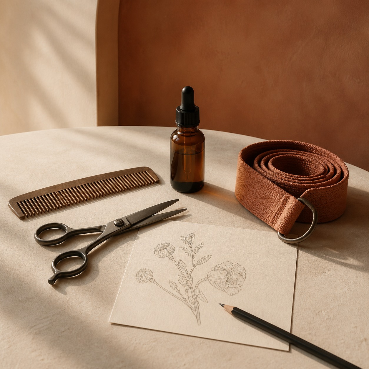 Nature morte chaleureuse réunissant ciseaux de coiffure, soin en flacon ambré, dessin de coquelicot et sangle de yoga terracotta